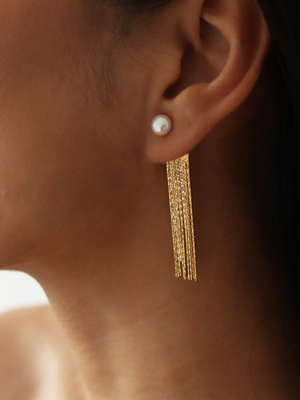 Commense Golden Tassel Pearl Stud Earrings